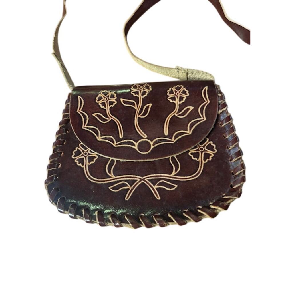 Vintage Tooled Leather Purse Floral Western Boho Bag Small Brown Handcrafted